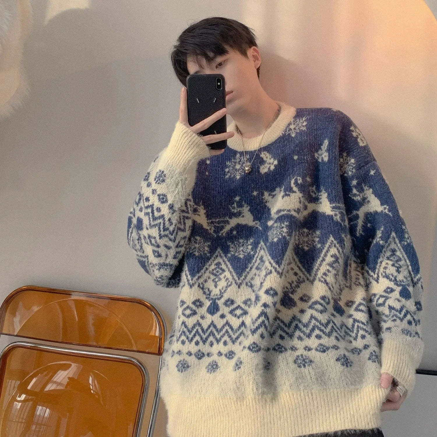 Color-Blocked Jacquard Hooded Sweater